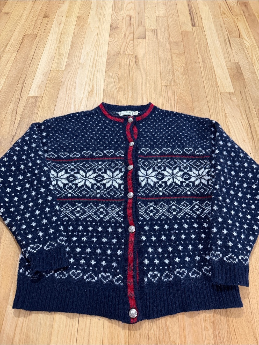 Vintage L.L. Bean Snowflake Wool Nordic Winter Cardigan Sz XL